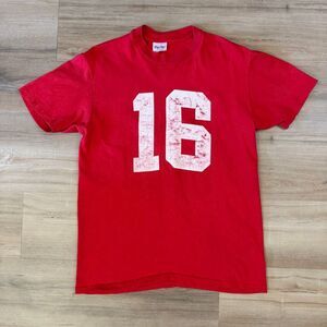 Vintage 80s Joe Montana San Francisco 49ers Montanas Back Red Shirt Sz L NFL #16